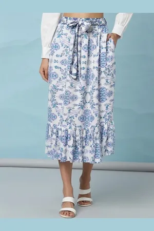 Aila Ethnic Motifs Printed Gathered Detailed Flared Midi Skirt With Belt