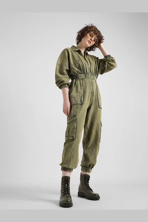 ONLY Acid Washed Shirt Collar Pure Cotton Cargo Jumpsuit