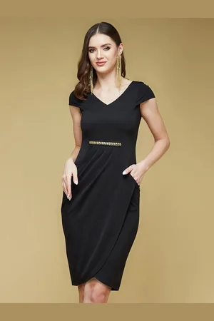 DressBerry Solid Cap Sleeves Side Pocketed Knee Long Bodycon Dress
