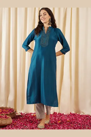 Inddus Floral Yoke Design Mandarin Collar Thread Work Straight Kurta