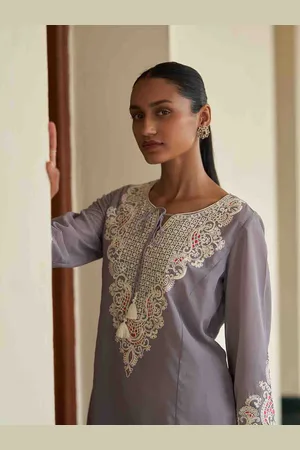 Lakshita Embroidered Yoke Tie-Up Neck Georgette Short Kurta
