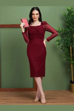 Globus Square Neck Long Puff Sleeves Smocked Bodycon Party Dress