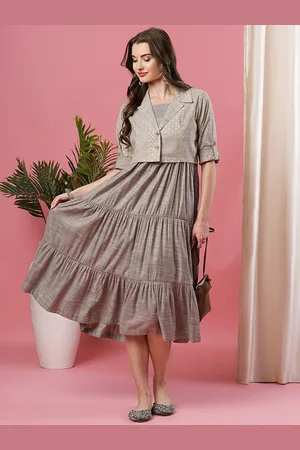Globus Women Taupe Flared Tiered Solid Fit & Flare Dress with Jacket