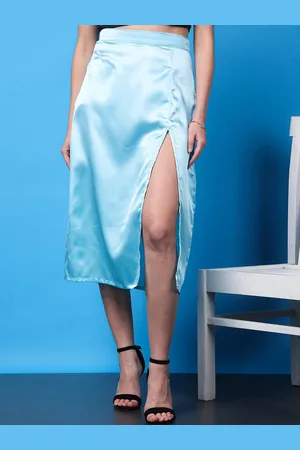 Cation Blue Elegance High Rise Satin Straight Midi Skirt With Front Slit