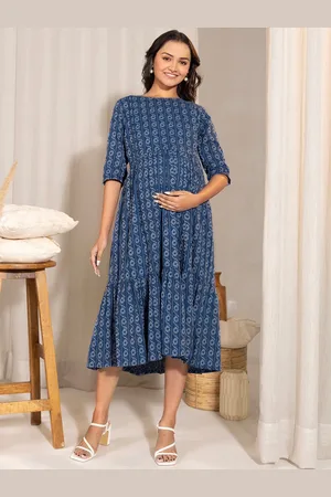 Janasya Abstract Printed Cotton Maternity Fit and Flare Dress
