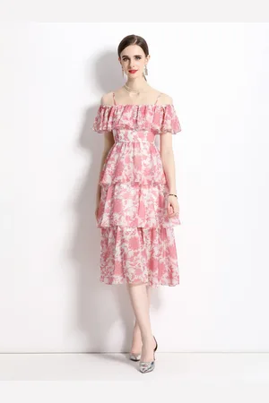 JC Collection Floral Printed Off-Shoulder Layered Midi Fit and Flare Dress