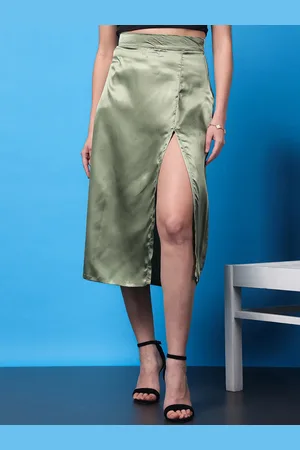 Cation Olive Green Opulence High Rise Satin Straight Midi Skirt With Front Slit
