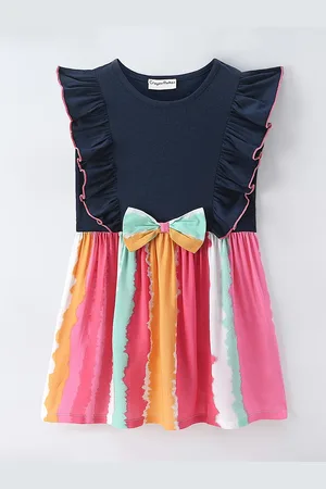 CrayonFlakes Girls Tie & Dye Printed Flutter Sleeve Bow Detailed Cotton Fit & Flare Dress