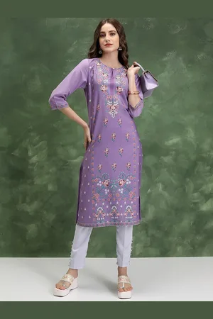 Ketch Lavender Floral Printed Keyhole Neck Straight Kurta