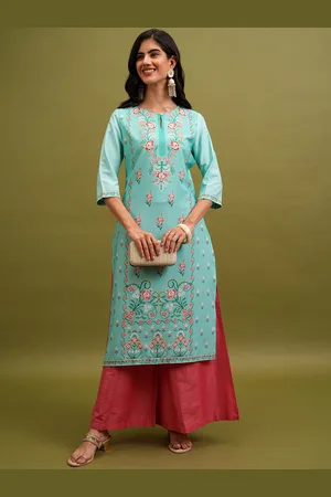 Ketch Turquoise Blue Floral Printed Keyhole Neck Straight Kurta
