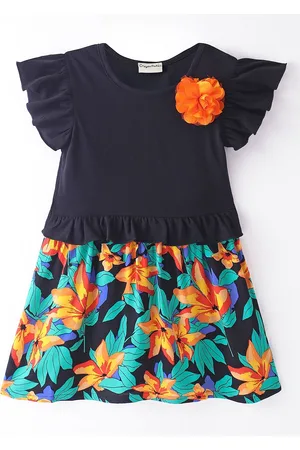 CrayonFlakes Girls Floral Print Flutter Sleeve Cotton Fit & Flare Dress