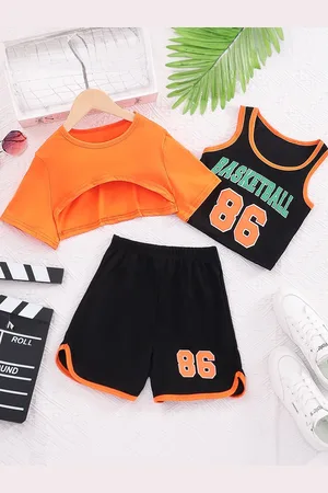 Stylecast Girls Orange & Black Printed Top with Shorts