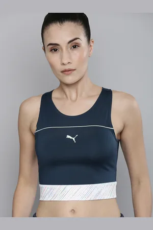 PUMA Women Navy Blue Brand Logo Printed Slim Fit RUN High Shine Cropped Tank Top