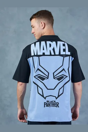 Bewakoof Black Panther Marvel Printed Polo Collar Oversized Cotton T-shirt