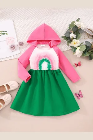 Stylecast Green Girls Abstract Printed Hooded Cotton A-Line Dress