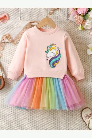 Stylecast Girls Peach-Coloured Graphic Printed Puff Sleeve Pure Cotton Fit and Flare Dress
