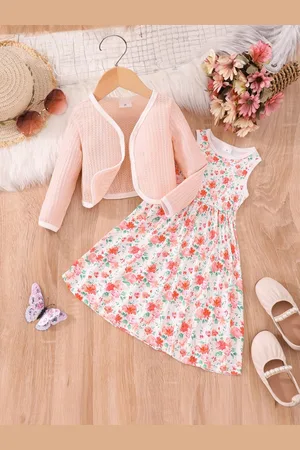 Stylecast White & Peach-Coloured Girls Floral Printed Fit & Flared Midi Dress With Shrug