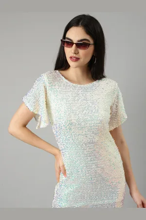 SHOWOFF Sequin Embellished Flutter Sleeves Net A-Line Dress