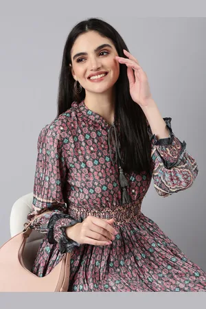 SHOWOFF Ethnic Motifs Printed Cuff Sleeve Tie-Up Neck Smocked Fit and Flare Midi Dress