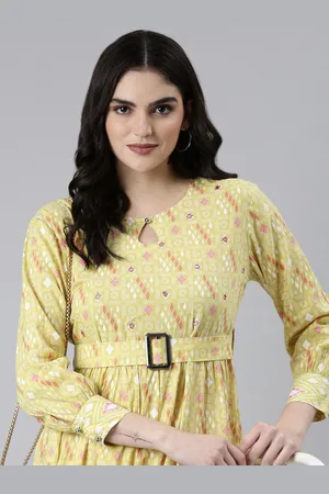 SHOWOFF Ethnic Motifs Printed Keyhole Neck Tiered Cotton Fit & Flare Dress With Belt