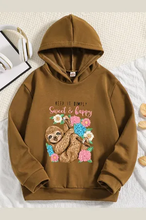 Stylecast Girls Brown Graphic Printed Hooded Pullover Sweatshirt