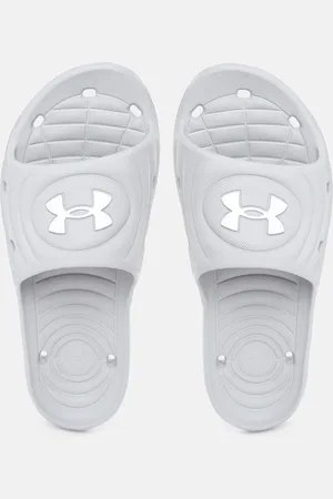 Under Armour Men Grey & White Brand Logo Embossed Locker IV Sliders