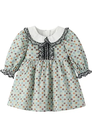 Stylecast Girls Polka Dot Print Peter Pan Collar Long Sleeves Knee Length A Line Dress