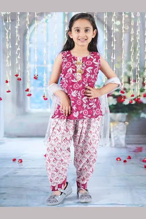 Little Bansi Girls Floral Print Gotta Patti Pure Cotton Kurti Patiala With Dupatta