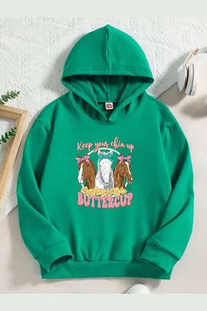 Stylecast Girls Green Graphic Printed Hooded Pullover Sweatshirt