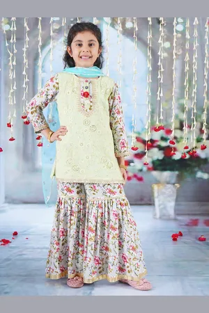 Little Bansi Girls Floral Printed Thread Work Pure Cotton Kurta with Sharara & Dupatta