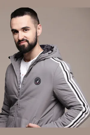 Nautica Solid Hooded Padded Jacket with Patchwork Detail