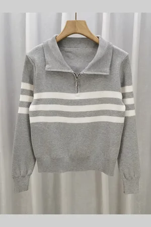 Stylecast Girls Grey Striped Shirt Collar Long Sleeves Pullover Sweatshirt