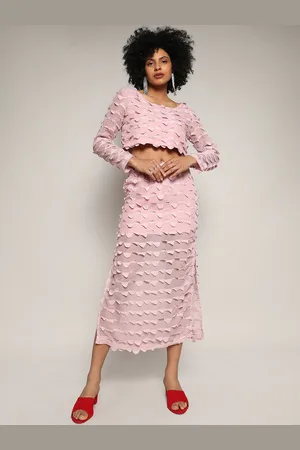 Campus Pink Self Design Long Sleeves Top With Skirt