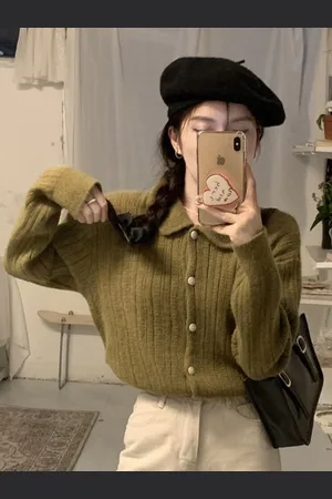 Stylecast Teen Girls Green Striped Spread Collar Acrylic Cardigan Sweater