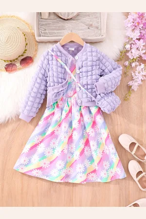 Stylecast Purple Girls Floral Printed Fit & Flare Midi Dress With Shrug