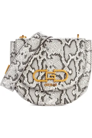 Guess Women Snake Skin Textured Half Moon Sling Bag with Brand Logo Detail