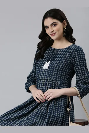 SHOWOFF Ethnic Motifs Printed Tie-Up Neck Bell Sleeves A-Line Midi Dress