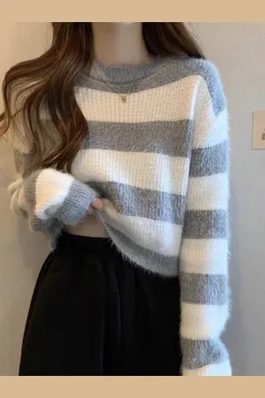 Stylecast Girls Grey & White Striped Acrylic Pullover Sweater