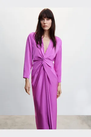 MANGO V-Neck Knot Detail Satin Maxi Dress