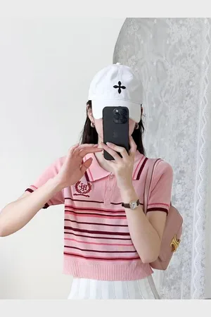 Stylecast Girls Pink Striped Polo Collar Short Sleeves Crop T-shirt