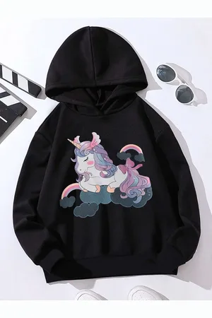 Stylecast Girls Black Unicorn Printed Hooded Pullover Sweatshirt