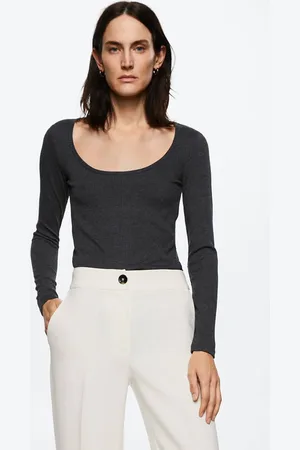 MANGO Women Charcoal Grey Ribbed Sustainable T-shirt