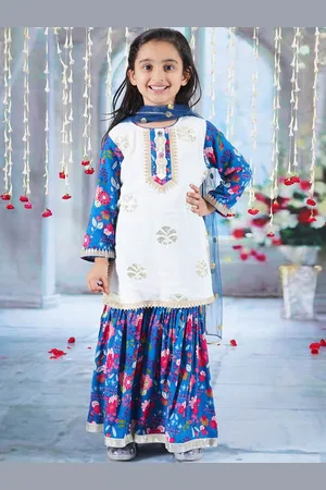 Little Bansi Girls Floral Print Round Neck Kurta Sharara & Dupatta