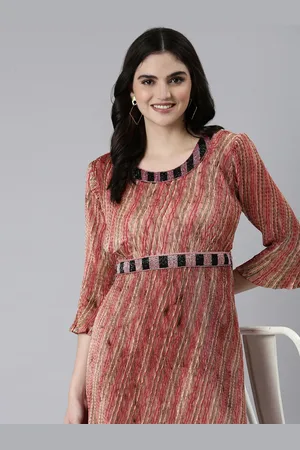 SHOWOFF Striped Embellished Accordion Pleated Georgette Fit & Flare Dress With Belt