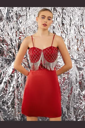 STREET 9 Red Embellished Shoulder Straps Satin Bodycon Dress