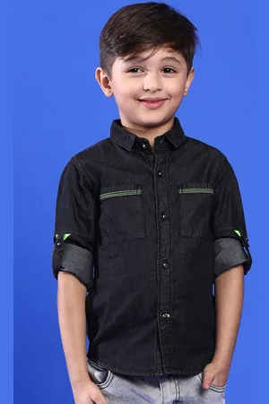 TALES & STORIES Boys Roll-Up Sleeves Cotton Denim Casual Shirt