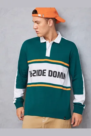 Bewakoof Green Typography Printed Polo Collar Long Sleeves Cotton Oversized T-shirt