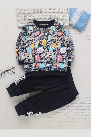 Googo Gaaga Girls Typography Printed Pure Cotton Sweatshirt with Joggers