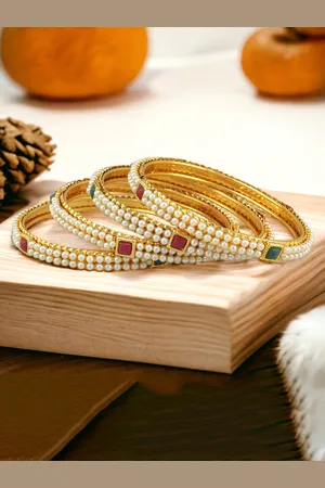 The Pari Set Of 4 Gold-Plated Stones Studded & Beaded Bangles