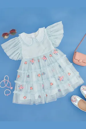 Pantaloons Girls Embroidered Printed Flutter Sleeves Fit & Flare Dress